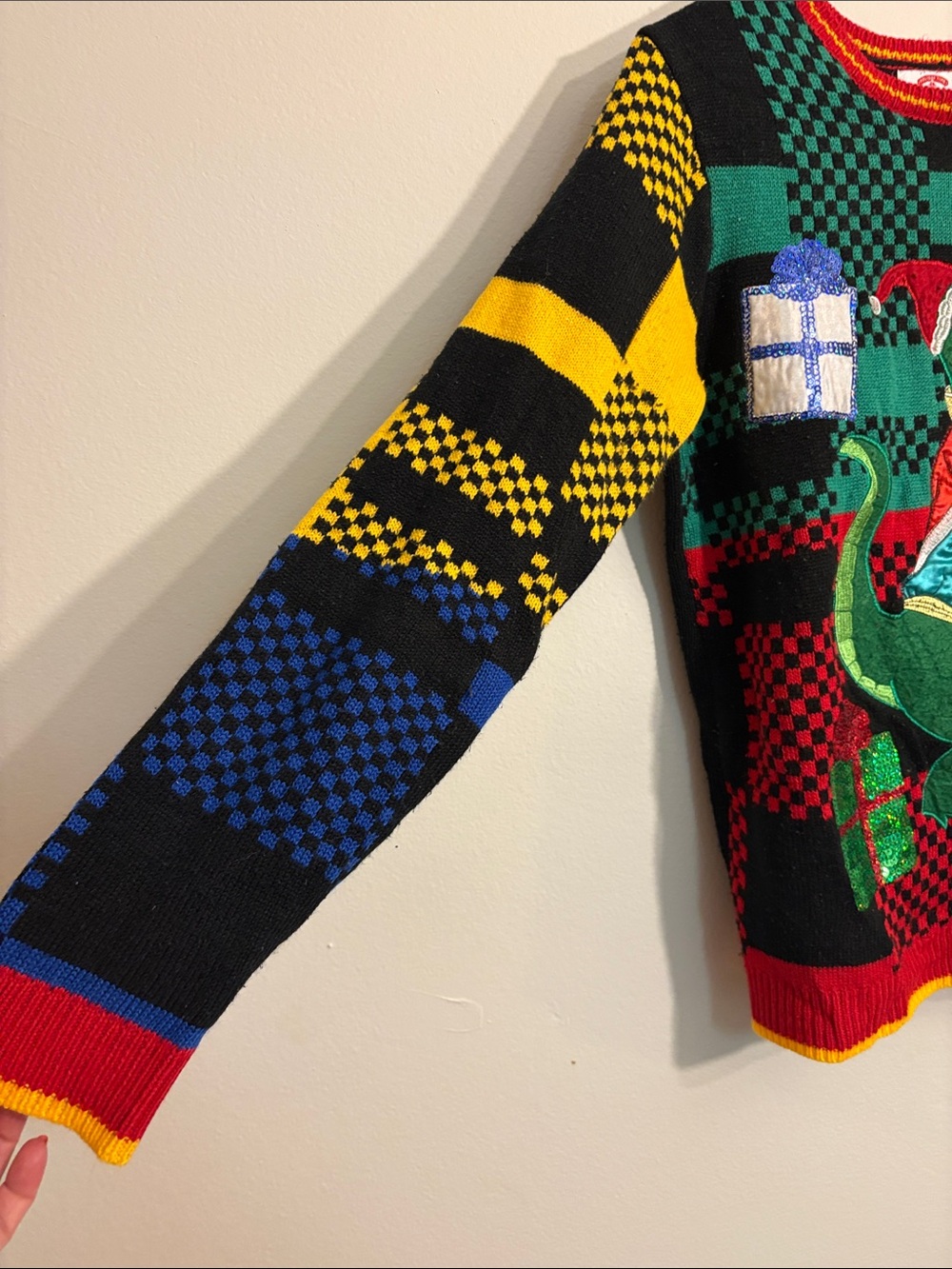Ugly Christmas Dino Patch Multicolor Checker Sweater - Picture 7 of 11
